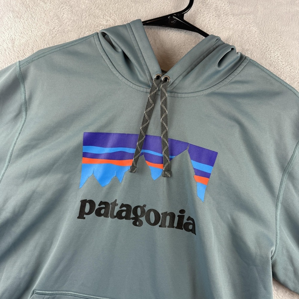 Patagonia Hoodie Mens Medium Green Fleece Pullover Graphic Sweatshirt Logo